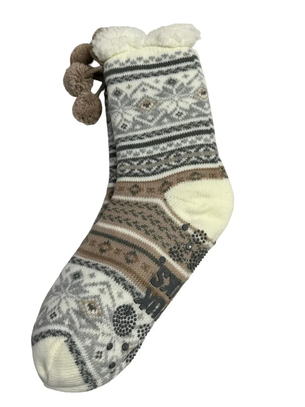 Muk Luks Women’s Cabin Socks L/XL 8-10 Fair Isle Sherpa Lined Pom Pom Non Slip